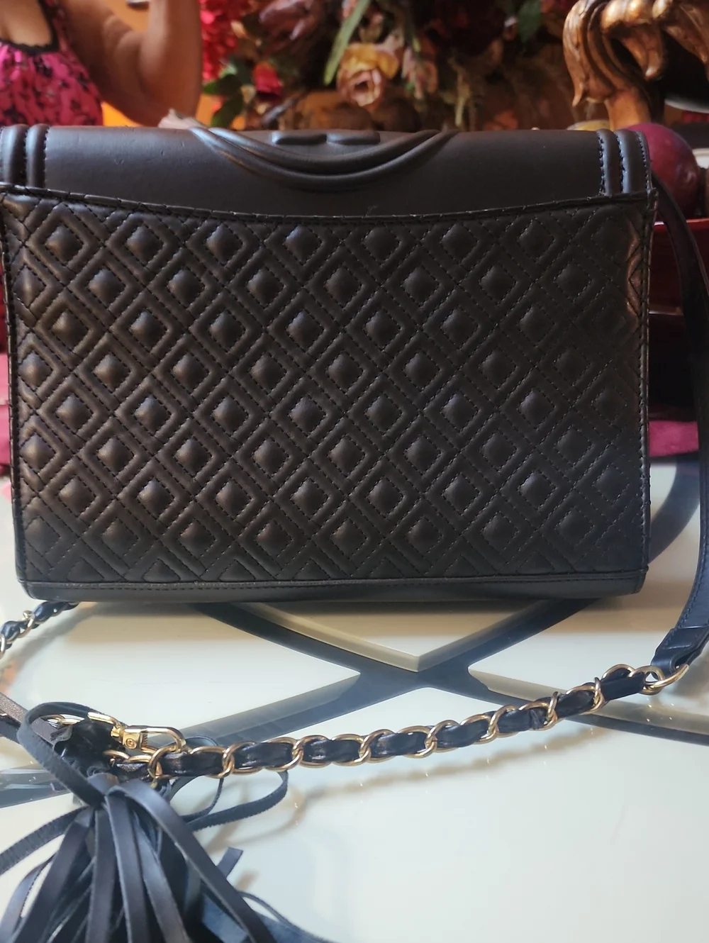Tory Burch Black Quilted Leather Shoulder Bag with Gold Chain